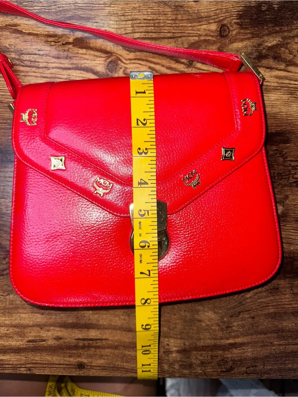 MCM Patricia Red Pebbled Leather Crossbody Bag Gold Studs  Vintage